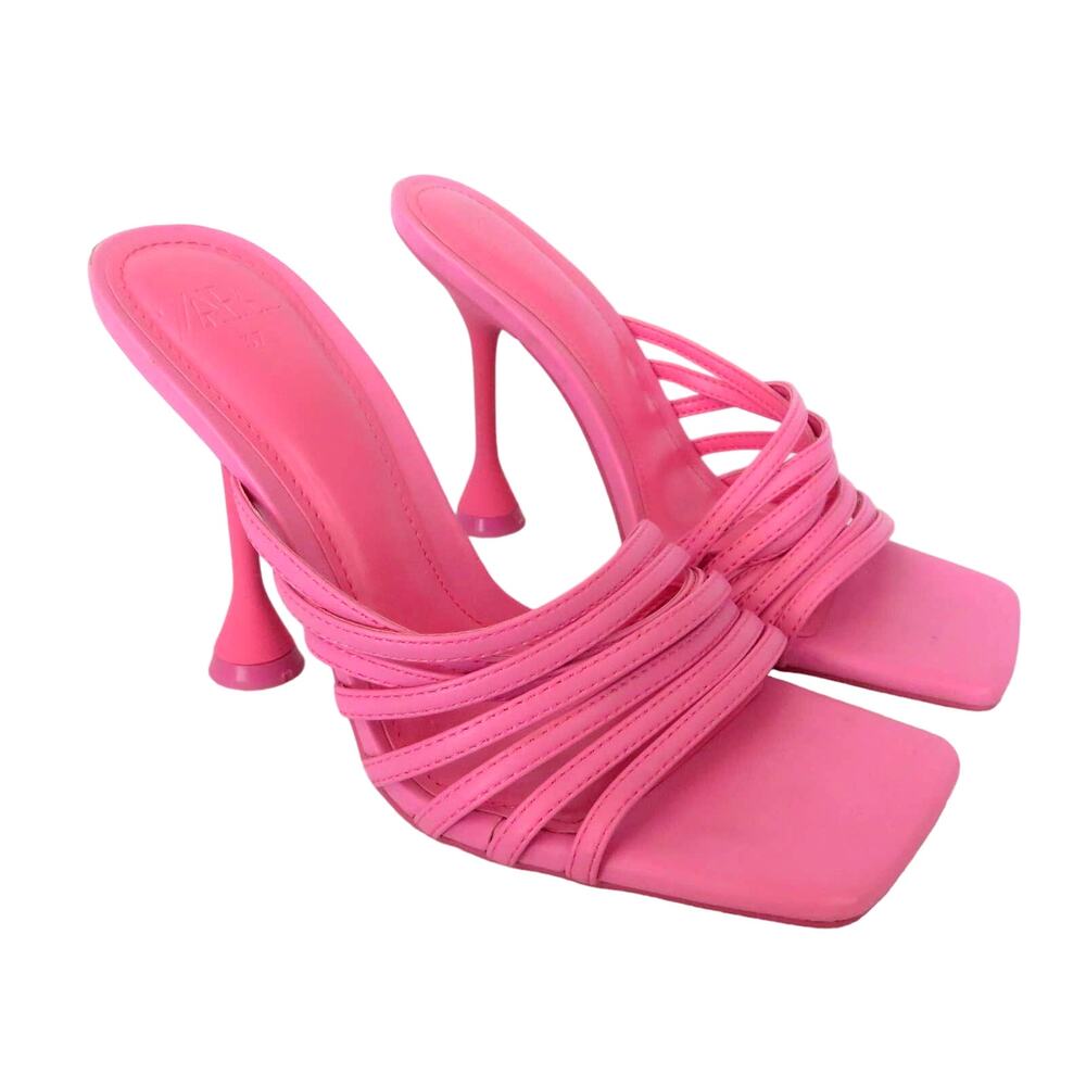 New ZARA Pink Women's Strappy Square Toe Spool Heel Sandals Sz 6.5 EU 37